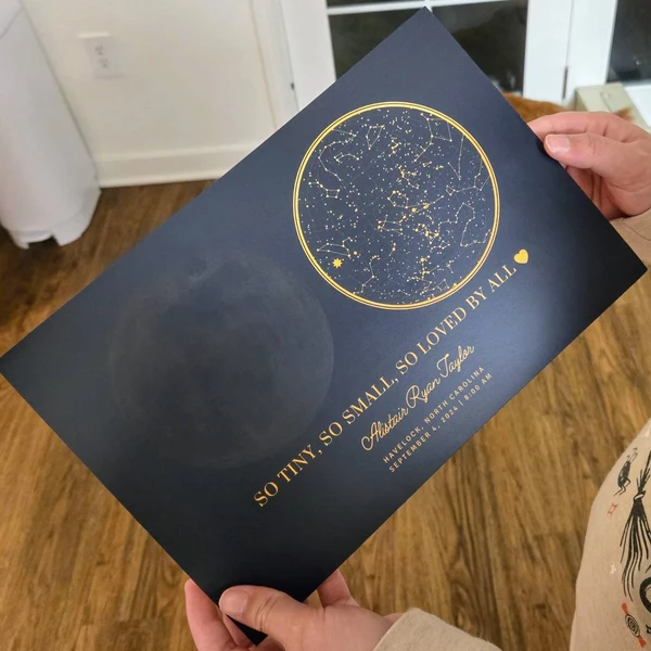 Customer holding a personalized star map print