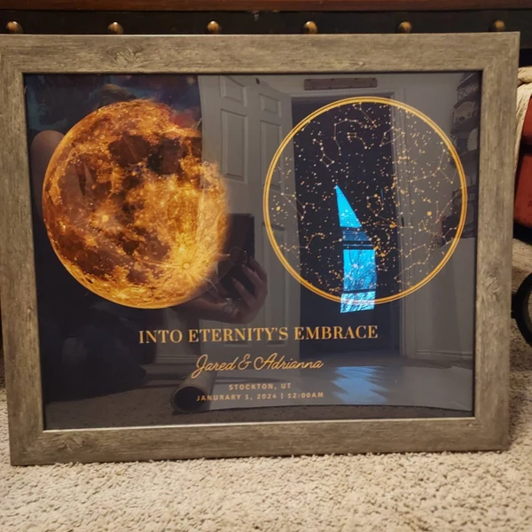 Customer framed moon and star map displayed at home