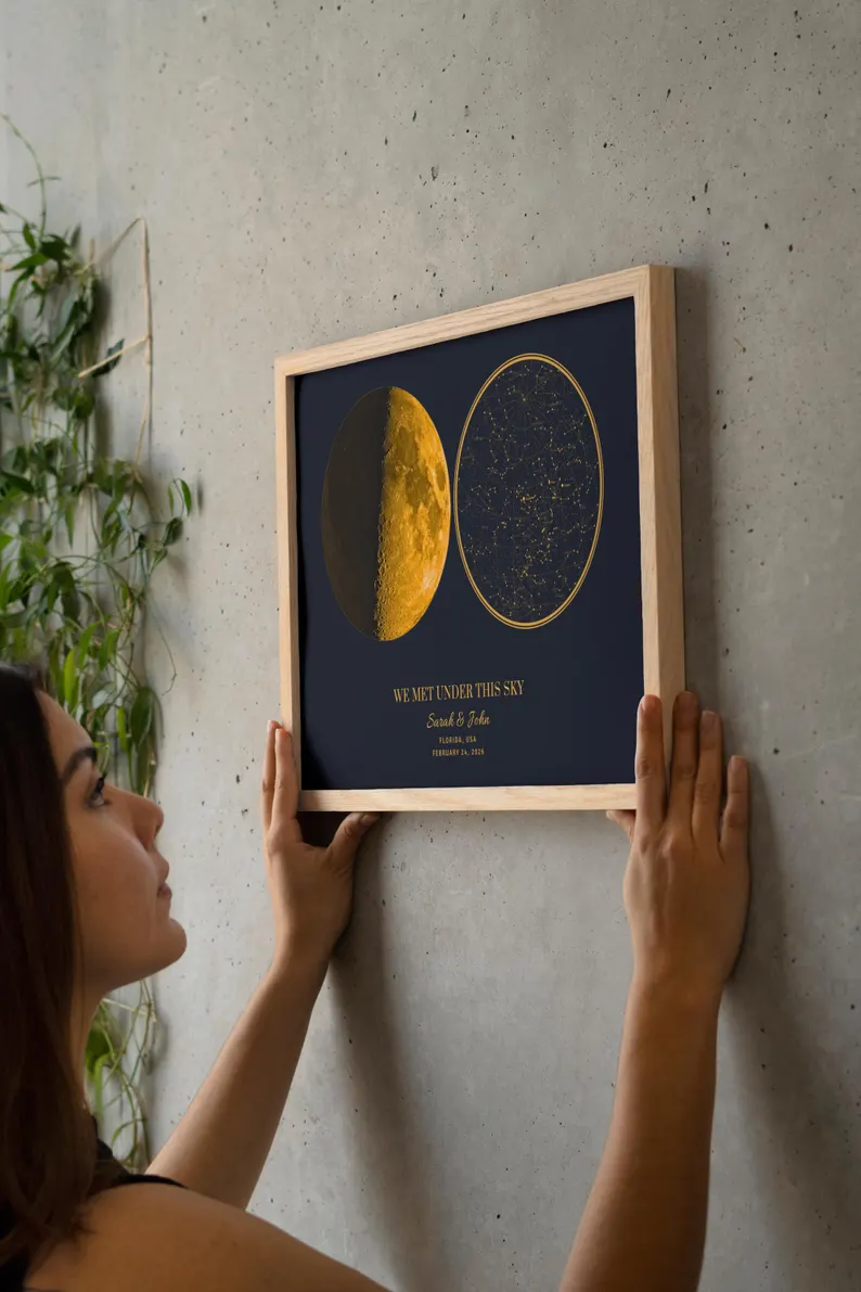 Framed moon and star map being hung on a wall
