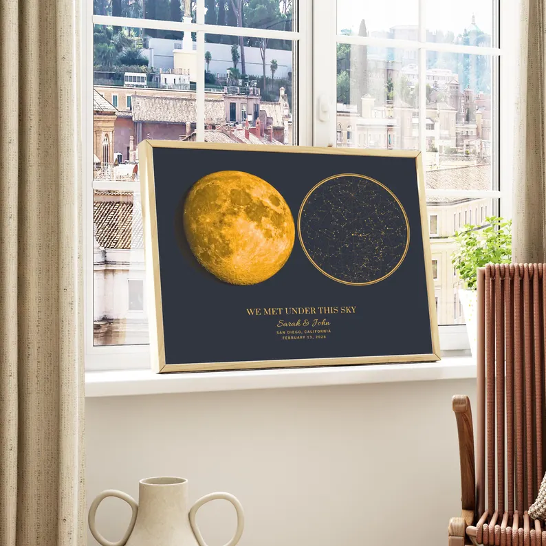 Framed moon and star map displayed by a window