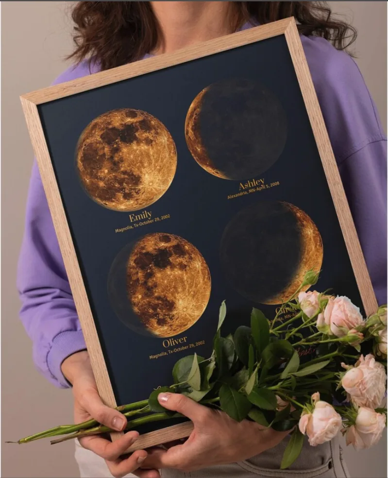 Customer holding a framed moon phase poster with roses